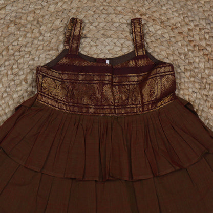 Brown Silk Ethnic Frock with Maroon and Gold Zari Border
