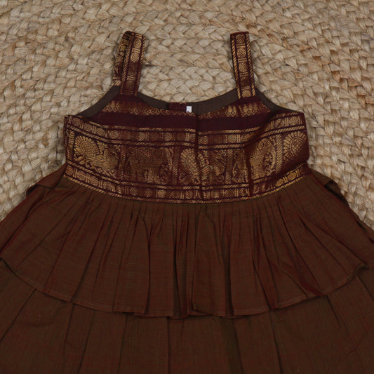 Brown Silk Ethnic Frock with Maroon and Gold Zari Border