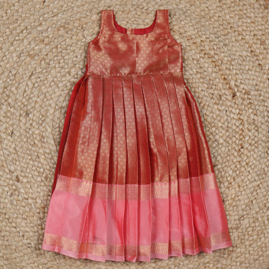 Red Brocade Silk Frock with Pink Border