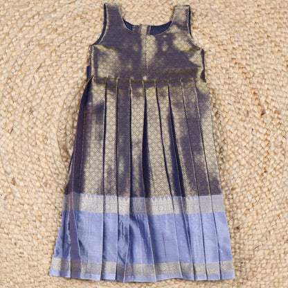 Navy Blue Brocade Silk Frock with Sky Blue Border