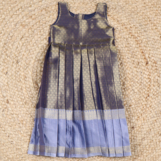 Navy Blue Brocade Silk Frock with Sky Blue Border
