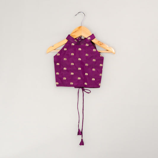 Purple Elephant Butta Blouse with Ivory Tissue  3-Layer Lehenga for Girls