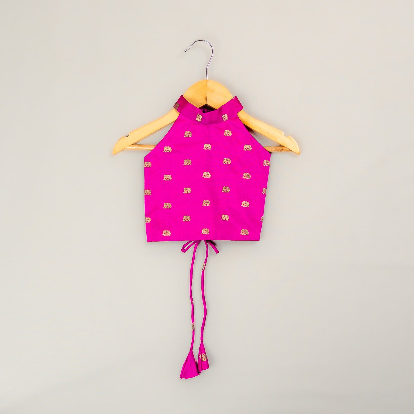 Magenta Elephant Butta Blouse with Ivory Tissue  3-Layer Lehenga for Girls