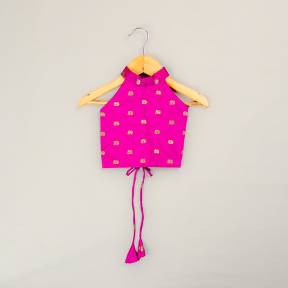 Magenta Elephant Butta Blouse with Ivory Tissue  3-Layer Lehenga for Girls