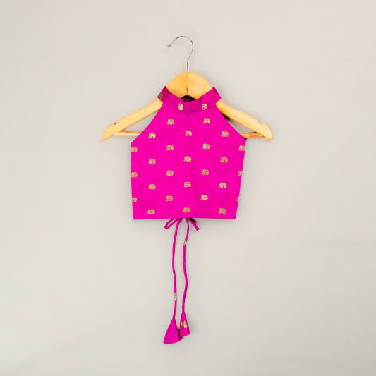 Magenta Elephant Butta Blouse with Ivory Tissue  3-Layer Lehenga for Girls