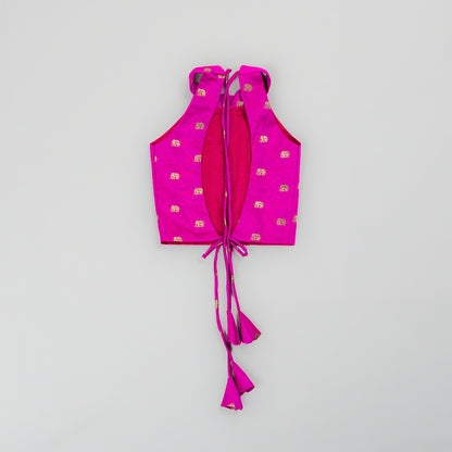 Magenta Elephant Butta Blouse with Ivory Tissue  3-Layer Lehenga for Girls