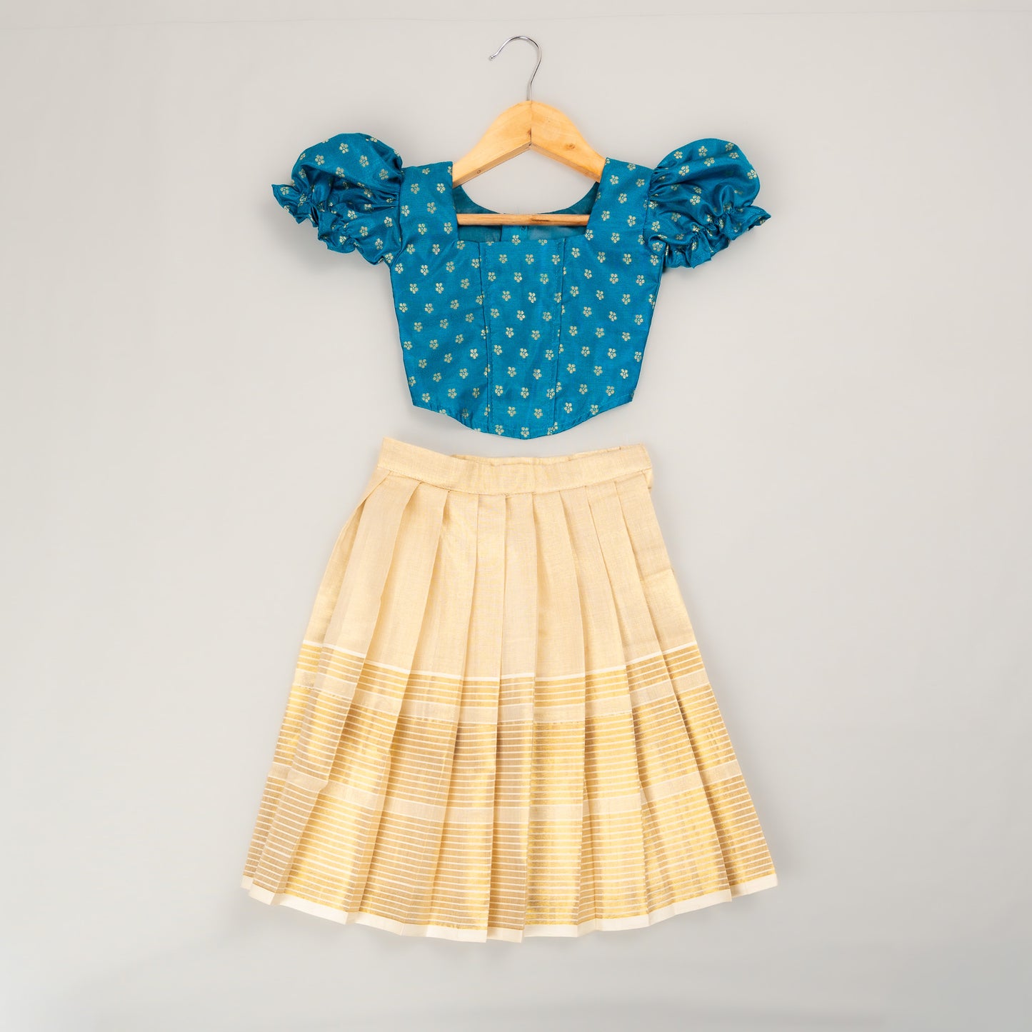 Peacock Blue  Silk Floral Woven Blouse with Ivory Tissue Zari  Lehenga for Girl