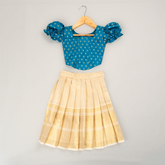 Peacock Blue  Silk Floral Woven Blouse with Ivory Tissue Zari  Lehenga for Girl