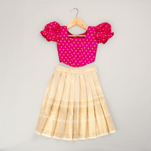 Pink Silk Floral Woven Blouse with Ivory Tissue Zari  Lehenga for Girl