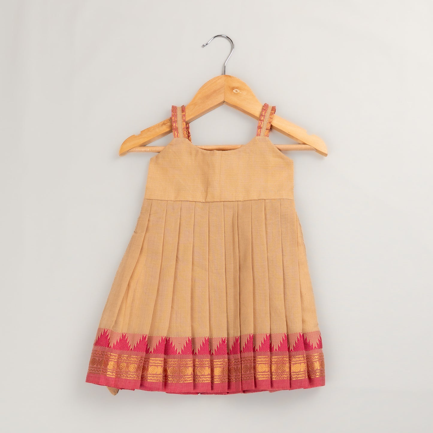 Beige Kanchi Cotton Pleated Dress with Pink Zari Border