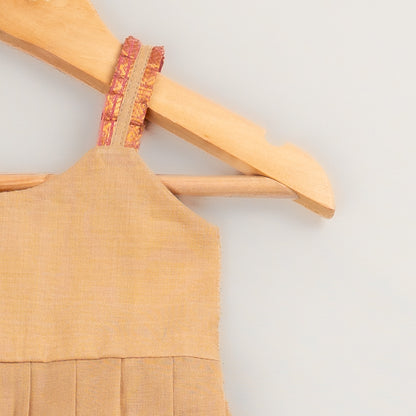 Beige Kanchi Cotton Pleated Dress with Pink Zari Border