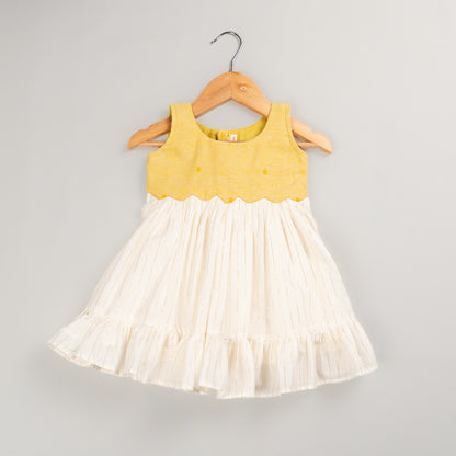 Light Gold Mul Cotton Dress with Cotton Tissue Zari Stripes