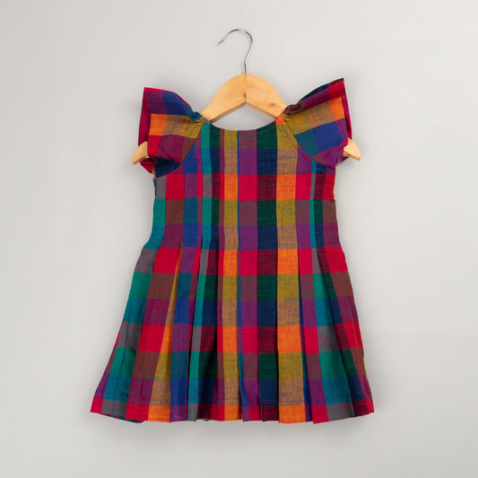 Girls Madras Cotton Checks Pleated Dress