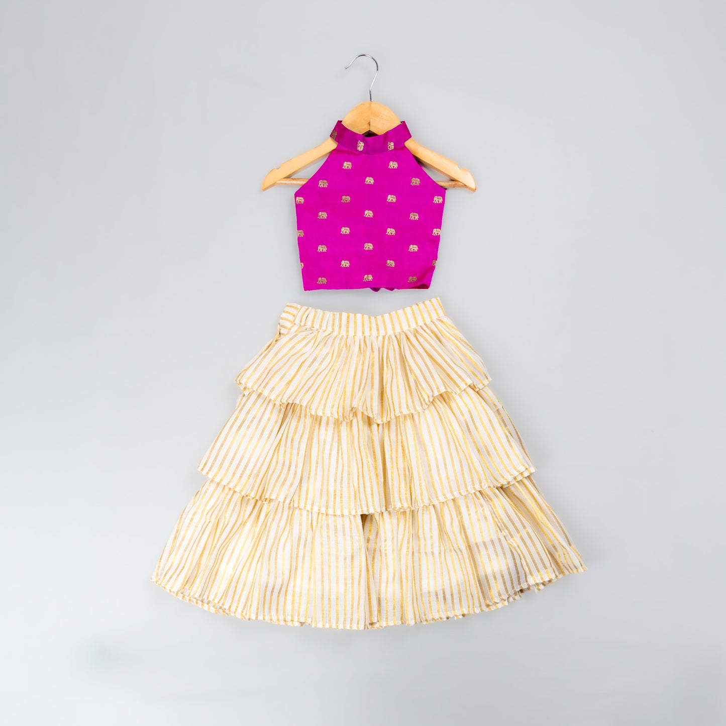 Magenta Elephant Butta Blouse with Ivory Tissue  3-Layer Lehenga for Girls