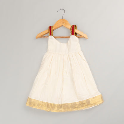Girls Ivory Mul Cotton Festive Dress with Gold Border