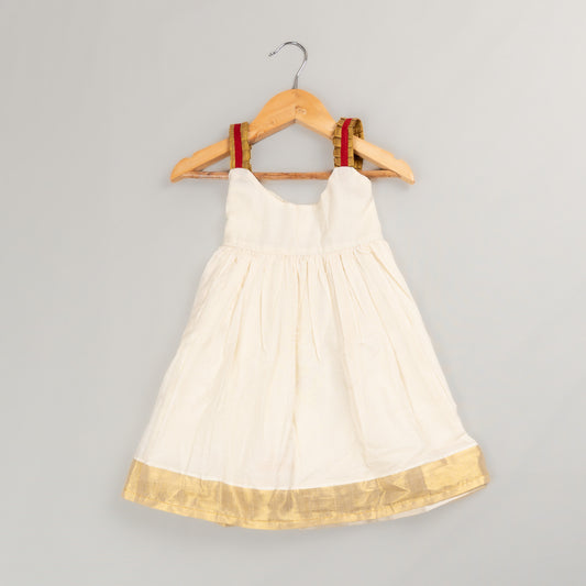 Girls Ivory Mul Cotton Festive Dress with Gold Border