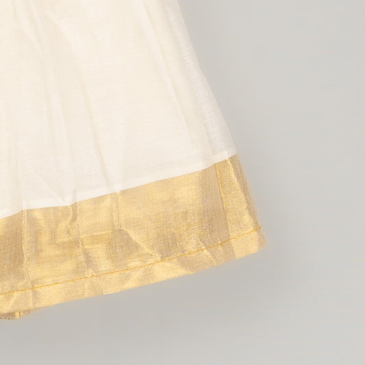 Girls Ivory Mul Cotton Festive Dress with Gold Border