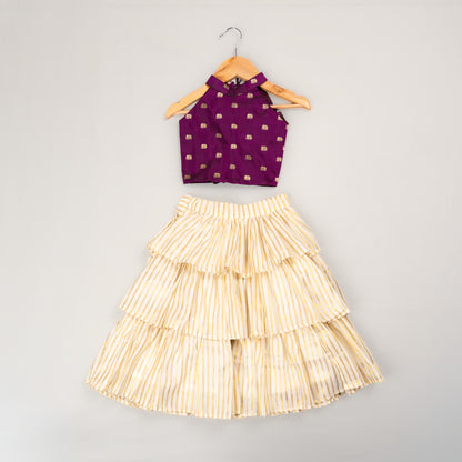 Purple Elephant Butta Blouse with Ivory Tissue  3-Layer Lehenga for Girls