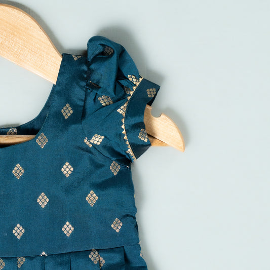 Teal Blue Rawsilk Buttis Frock
