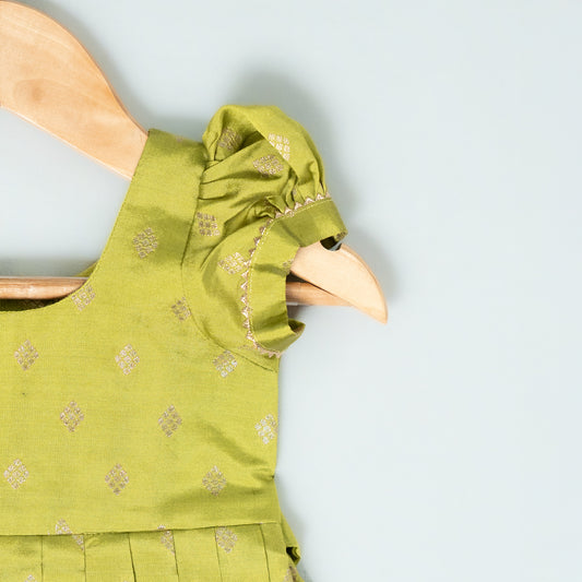 Parrot Green Rawsilk Buttis Frock