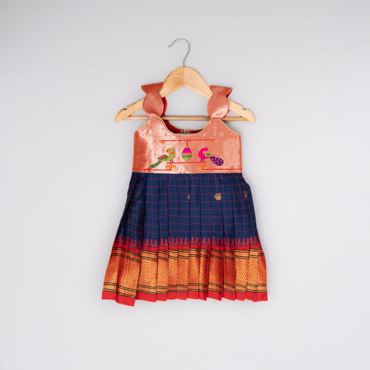 Navy Blue Checks Paithani frock