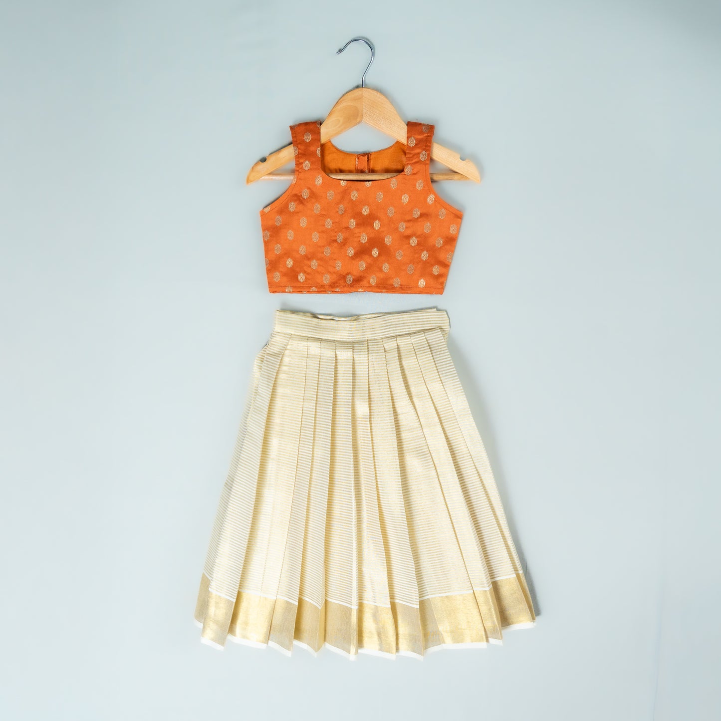 Striped kasavu Border Lehenga with Silk Blouse