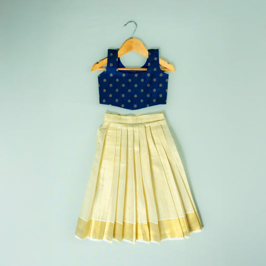 Striped kasavu Border lehenga with Silk Blouse