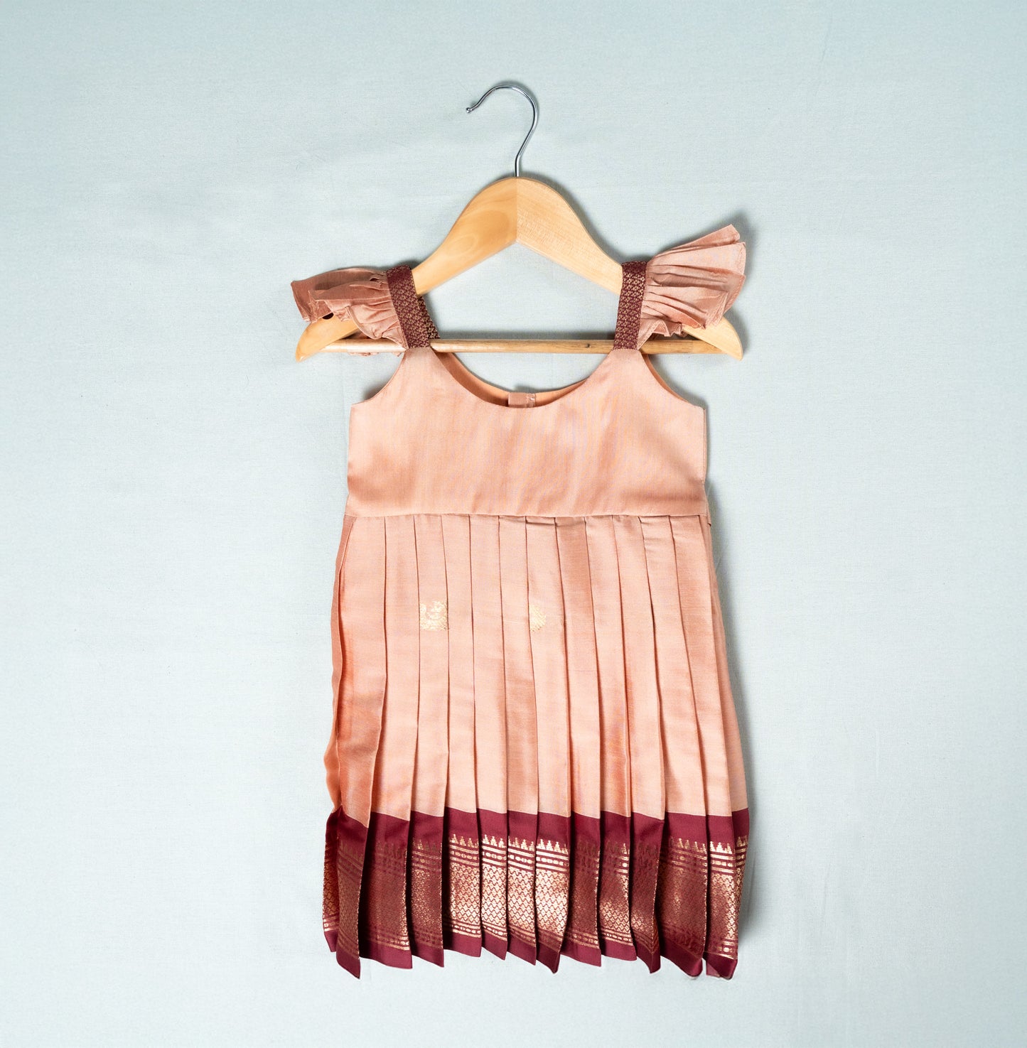 Peach Pink and Maroon Semi Paithani Frock