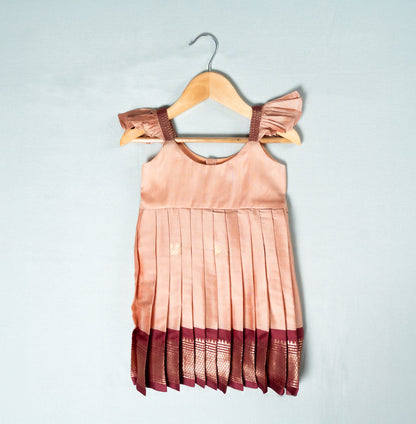 Peach Pink and Maroon Semi Paithani Frock