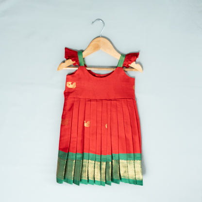 Red and Green Semi Paithani Frock