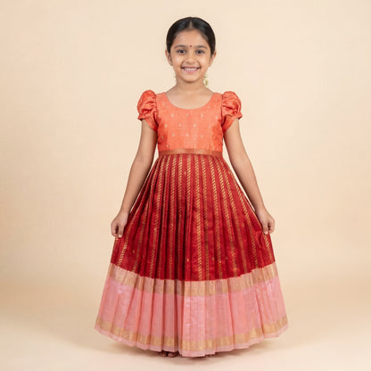 Red Benarasi Silk Ankle-Length Festive Dress with Puff Sleeves
