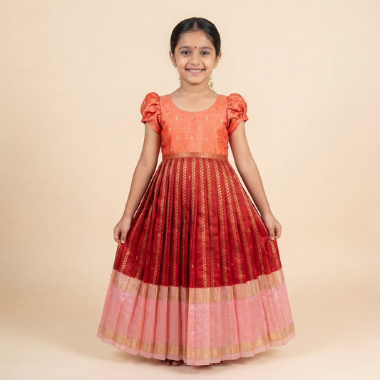 Red Benarasi Silk Ankle-Length Festive Dress with Puff Sleeves